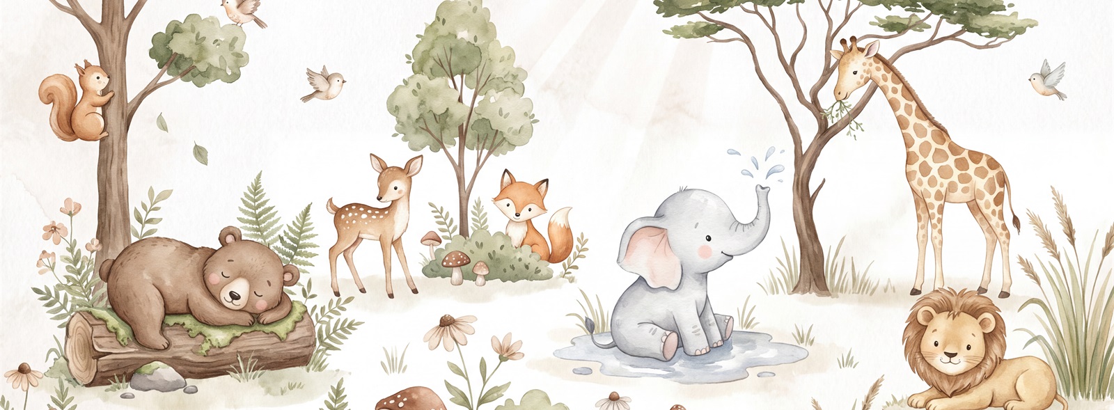 Woodland And Safari Baby Animals Nursery Wallpaper Mural — Installed Wallpaper Mural In A Nursery, Peel-and-stick Finish