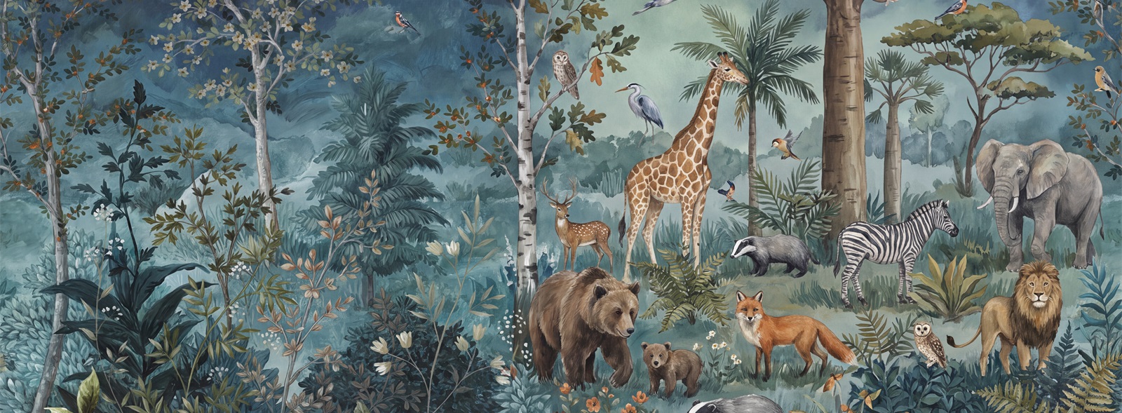 Navy Woodland And Safari Animals Wallpaper Mural — Wallpaper Mural Design, Peel-and-stick Finish