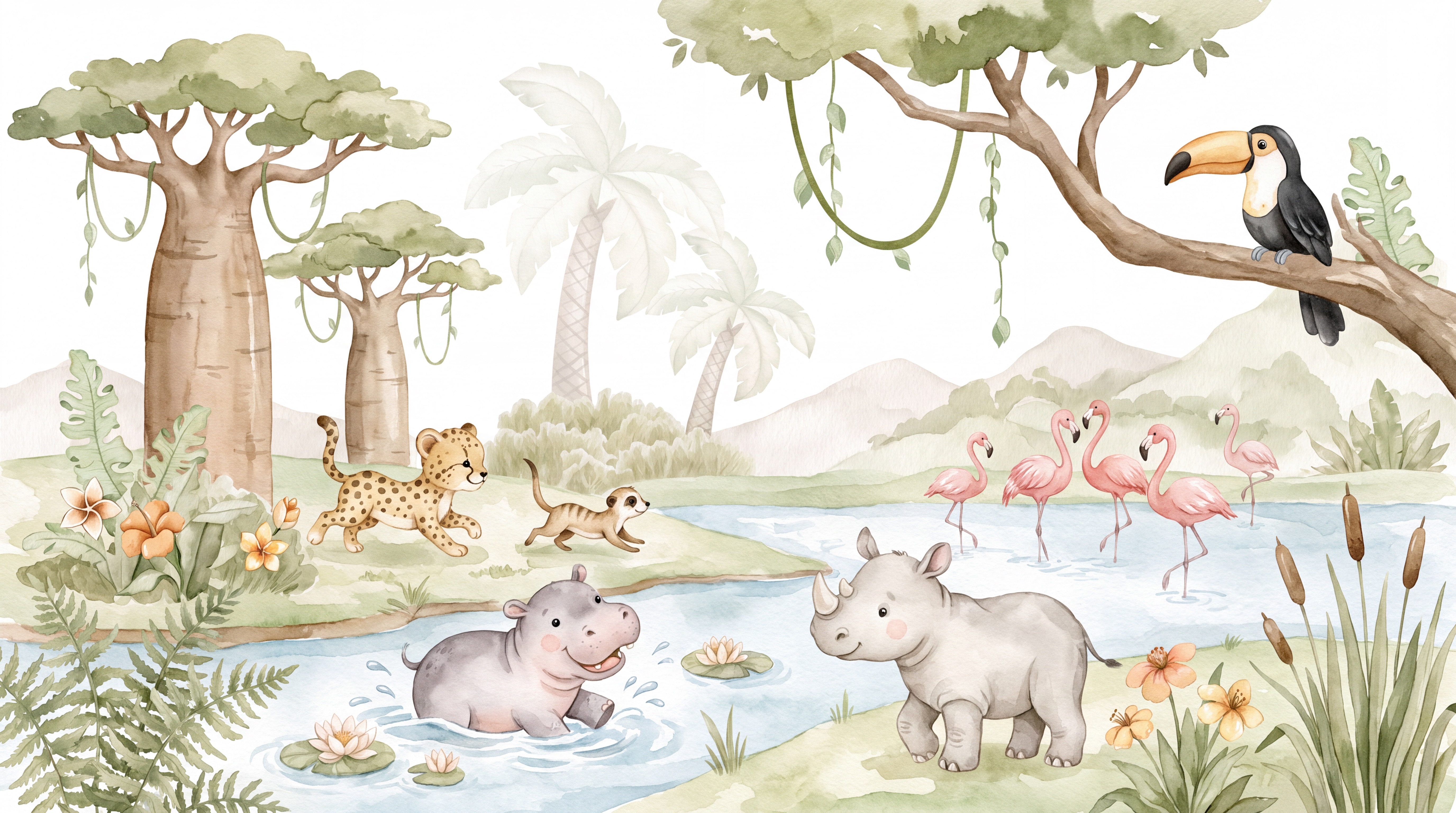 Sage Green Hippo Wallpaper Mural, Peel-and-stick Finish