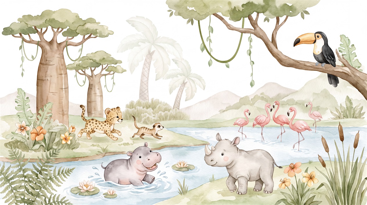 Sage Green Hippo Wallpaper Mural, Peel-and-stick Finish