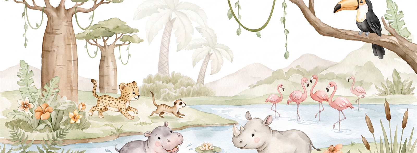 Sage Green Hippo Wallpaper Mural, Peel-and-stick Finish