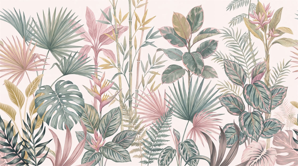 Soft Pastel And Neutral Abstract Forms Wallpaper Layered Leaves Accent-wall-wallpaper-murals, Peel-and-stick Finish