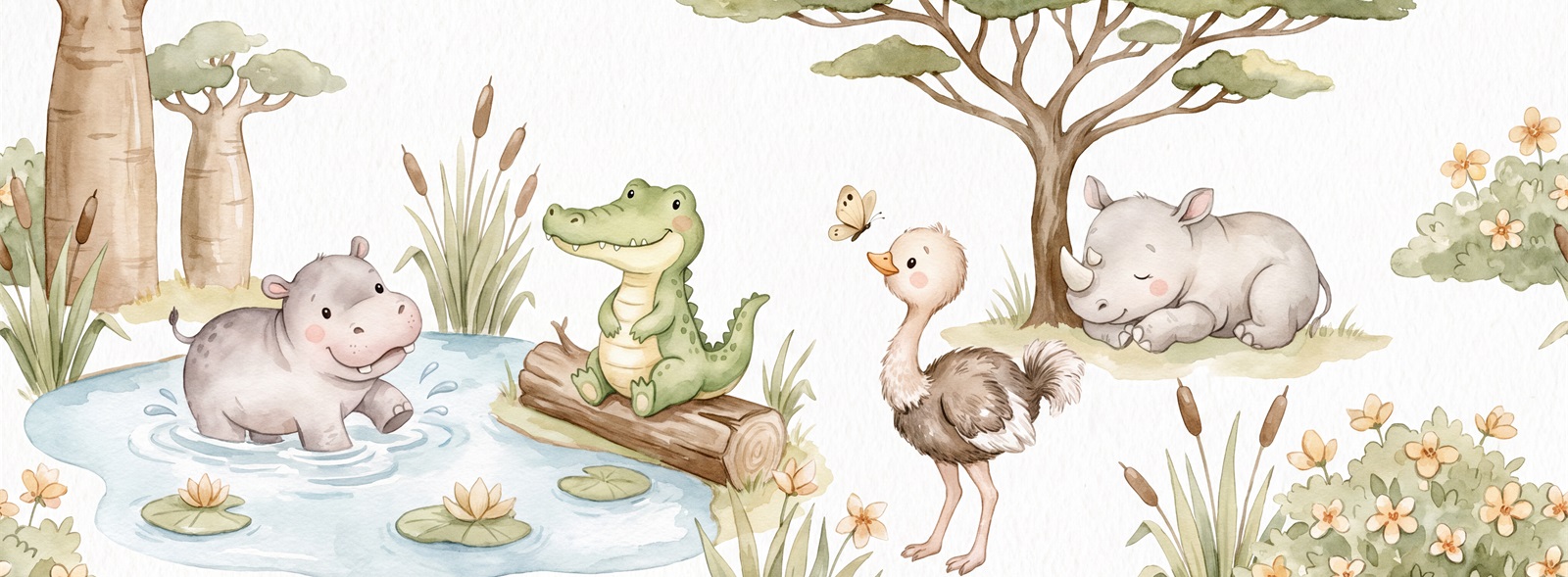 Ivory Hippo Wallpaper Mural, Peel-and-stick Finish