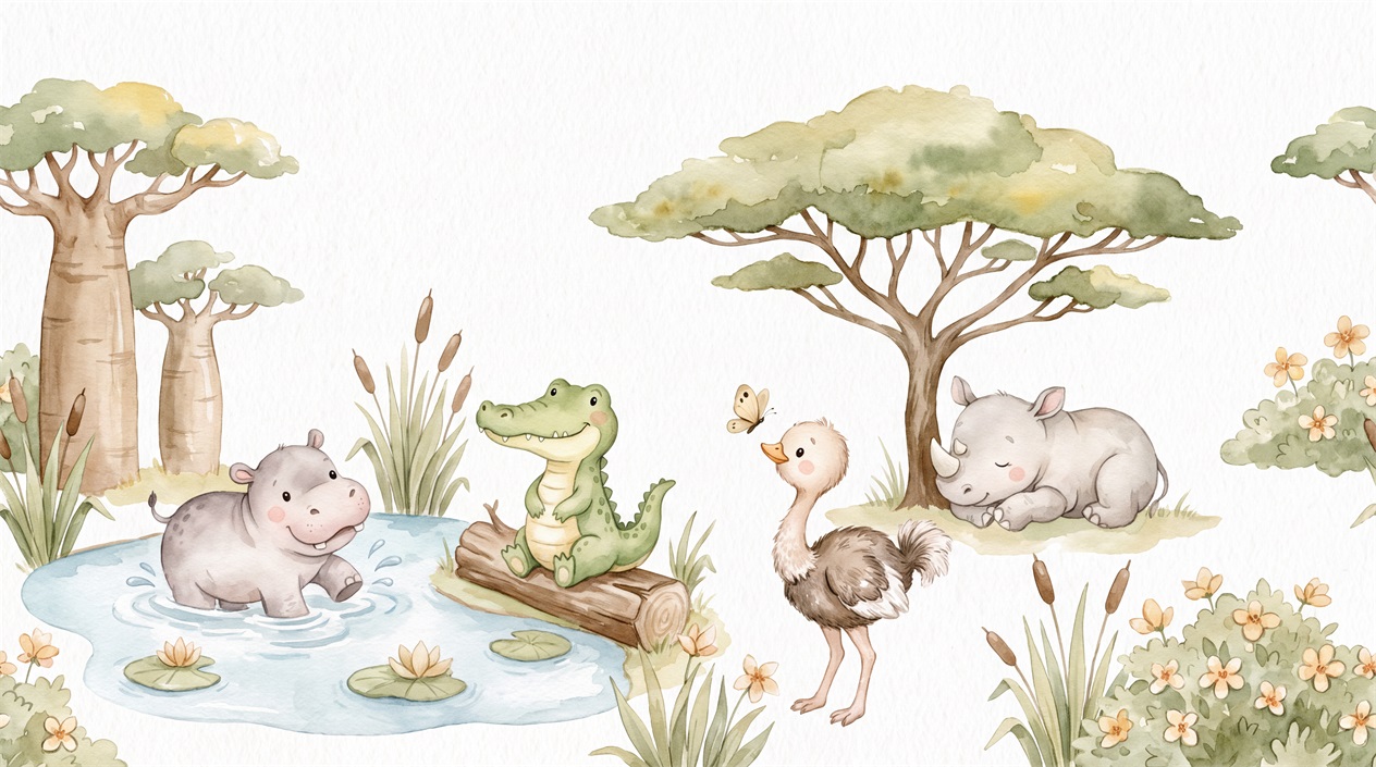 Ivory Hippo Wallpaper Mural, Peel-and-stick Finish