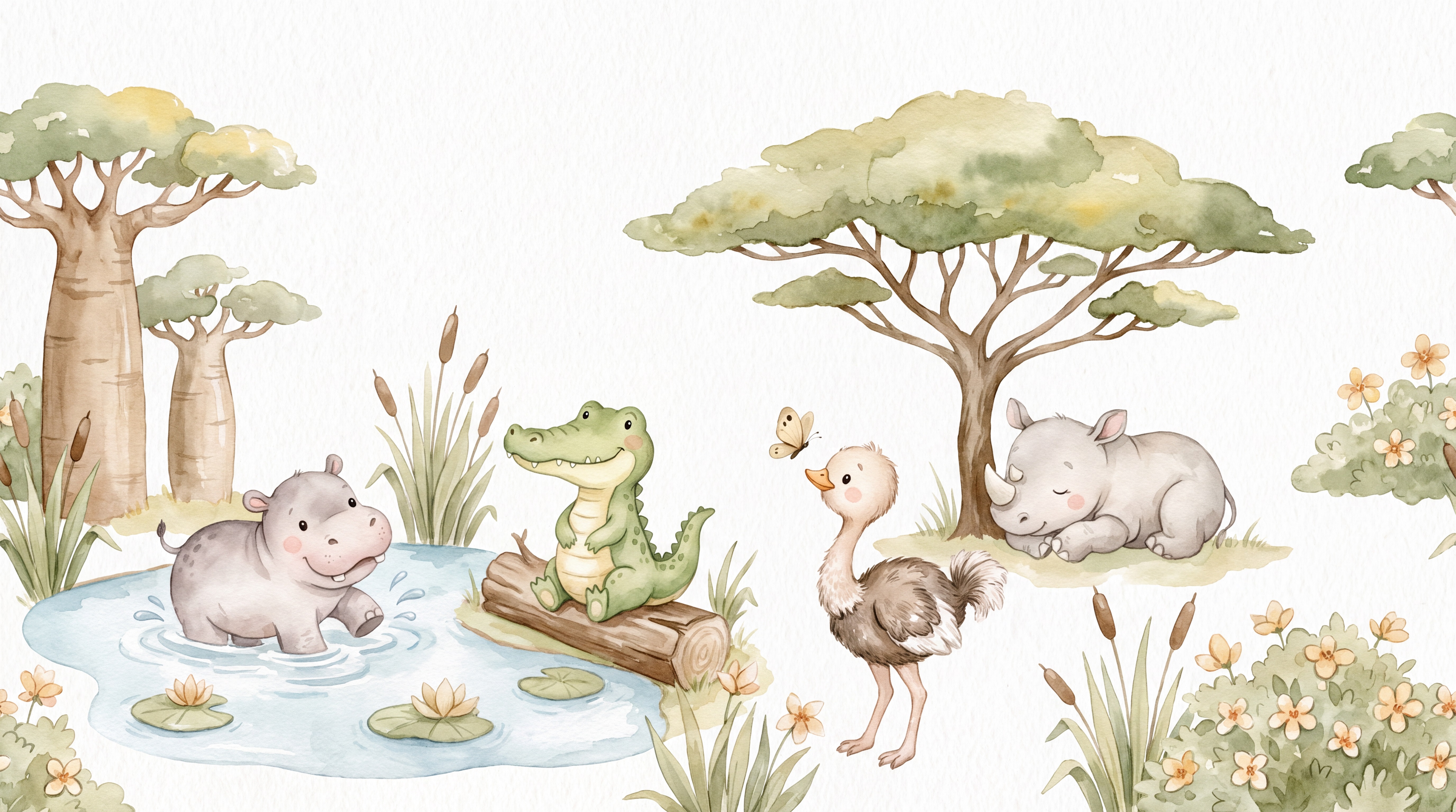 Ivory Hippo Wallpaper Mural, Peel-and-stick Finish