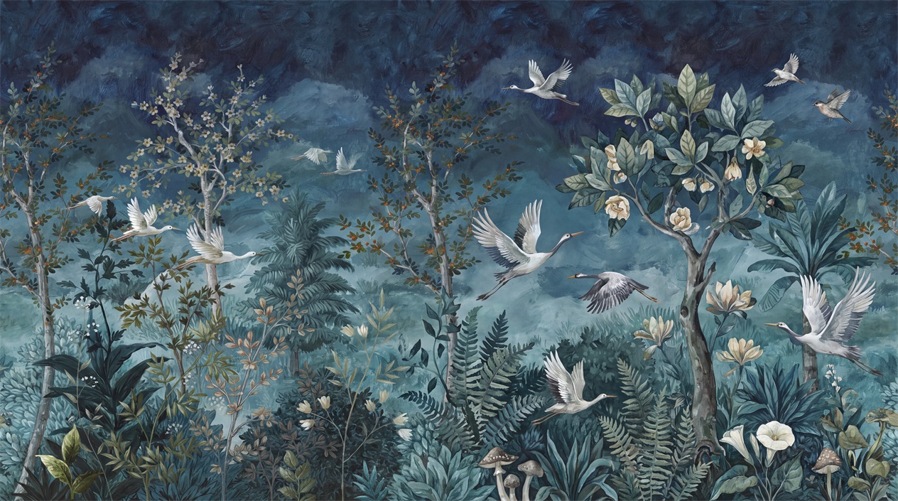 Navy Bird Forms Wallpaper Mural Accent-wall-wallpaper-murals, Peel-and-stick Finish