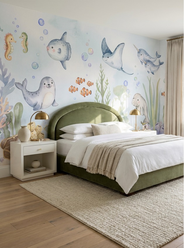 Aqua Decorative Patterning Wallpaper Mural Bedroom-wallpaper-murals, Peel-and-stick Finish